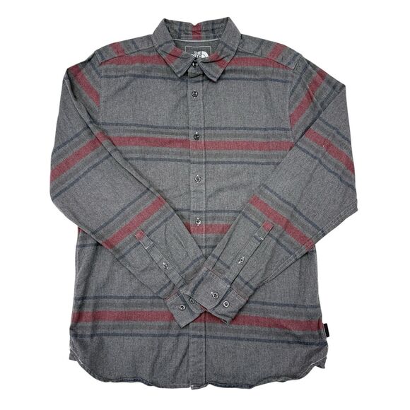 The North Face Shirt Mens Size Medium Button Up Gray Red Striped Hiking Camping - Picture 2 of 10